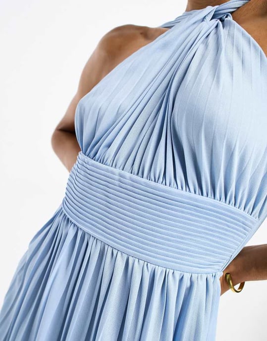 asos design halter pleated waisted maxi dress neck grecian skirt in pastel blue category:dress