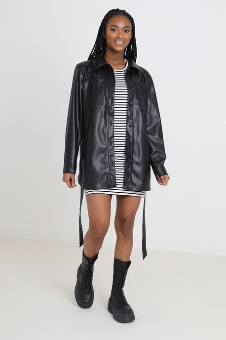 Black 'Dana' Faux Leather Self Tie Shacket
