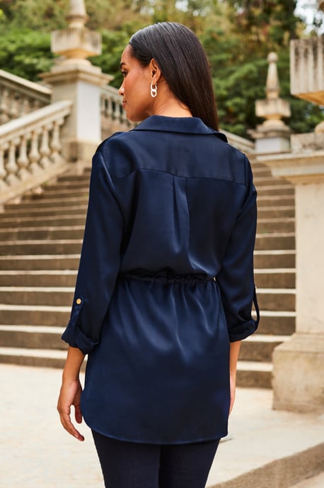 Navy Blue Satin Utility Tie Waist Shirt