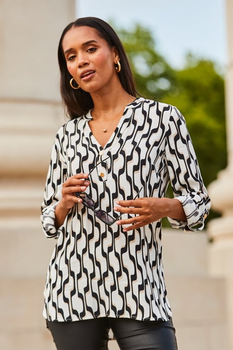 White & Black Geometric Print Button Detail Tunic Top