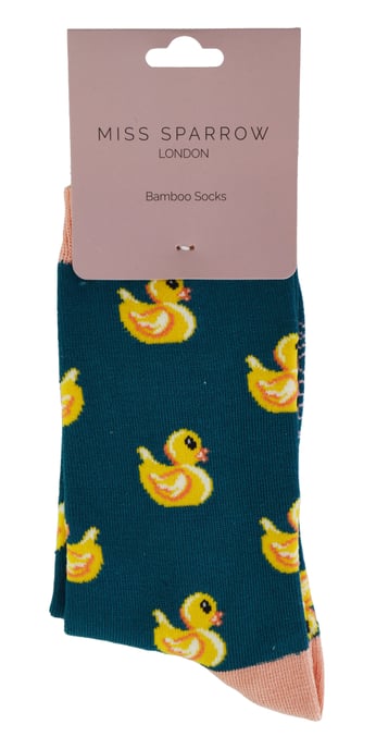 Women's Novelty Rubber Ducks Socks | Miss Sparrow | Soft Breathable Duck Pattern Bamboo Socks - Teal - Image 2