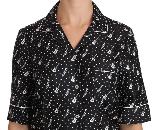 Dolce & Gabbana Women's Black Guitar & Trumpet Print Silk Shirt Top - Image 4