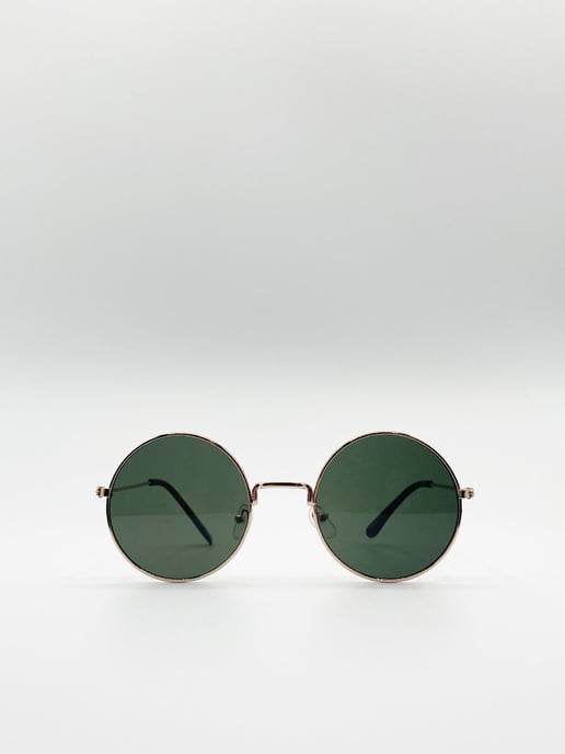 Classic Metal Round Sunglasses With Green Tinted Lenses