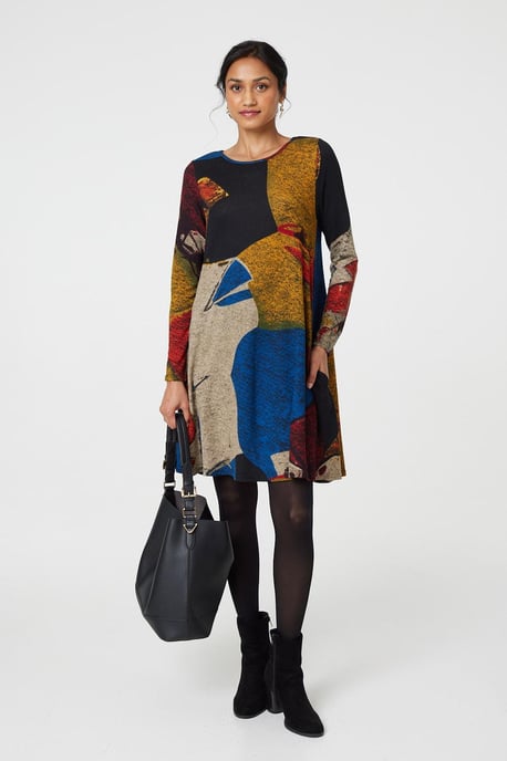 Red Abstract Print Long Sleeve Short Swing Dress