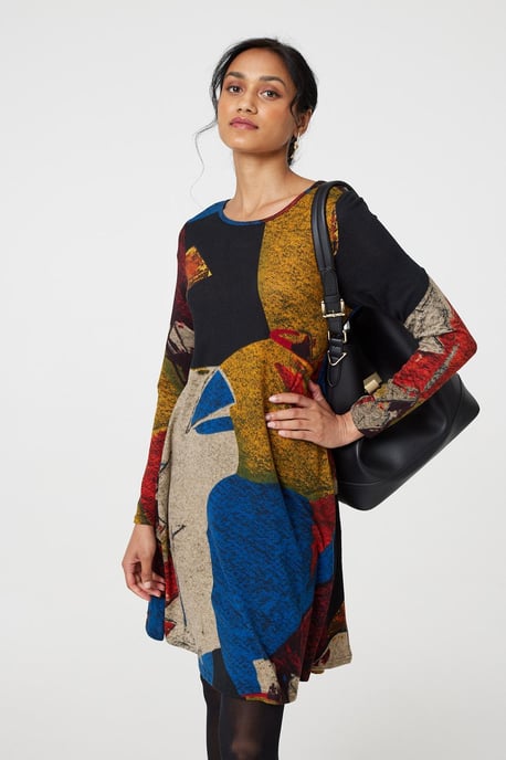 Red Abstract Print Long Sleeve Short Swing Dress