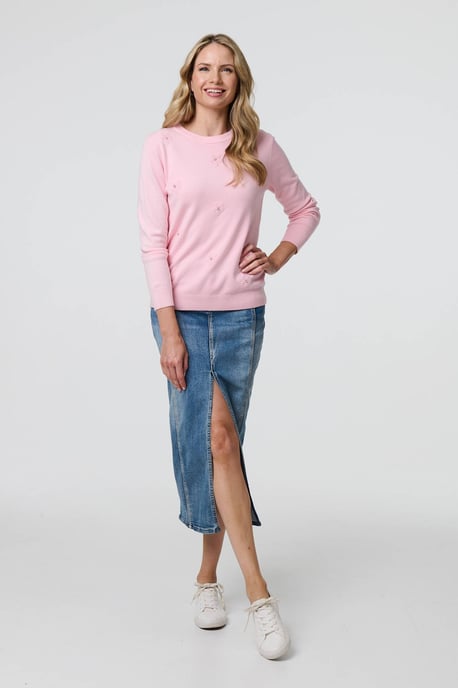 Light Pink Floral Gemstone Embellished Jumper