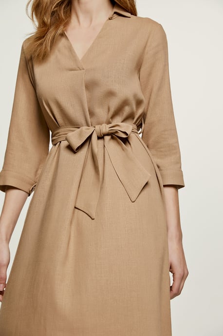 Beige linnen stijl midi jurk met ceintuur - Image 4