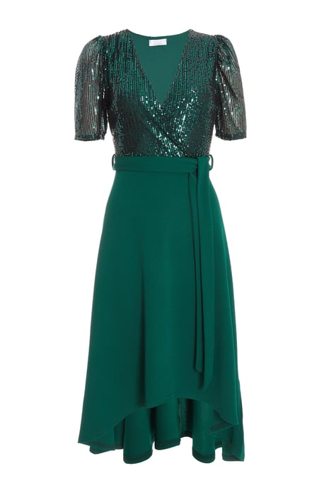 Bottle Green Sequin Wrap Dip Hem Midi Dress