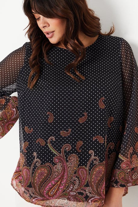 Curve Border Print Longline Chiffon Overlayer Top