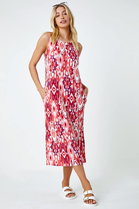 Sleeveless Aztec Print Midi Stretch Dress