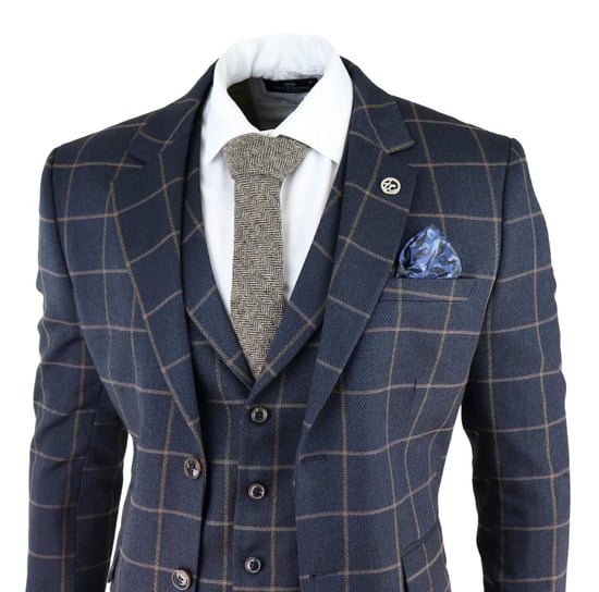 Mens Navy Blue Check 3 Piece Tweed Suit Peaky Blinders 1920s Gatsby Tailored Fit - Image 3