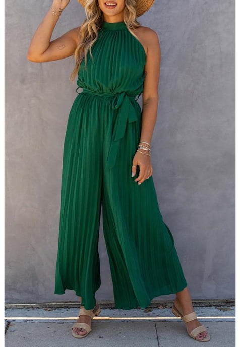 Women's Pleated Wide Leg Jumpsuit with Belt in Green - Image 4