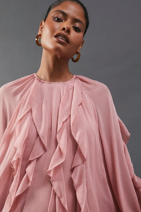 Chiffon Ruffle Blouson Sleeve Maxi Dress