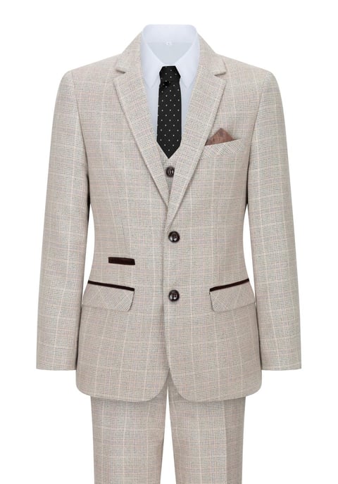 Boys 3 Piece Beige Tweed Check Vintage Retro Suit