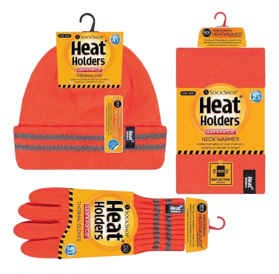 Hi Vis Hat, Neck Warmer & Gloves Set | Heat Holders | Reflective Workwear Set for Extreme Cold Weather - Orange - Image 2