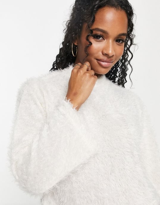 Pieces Petite exclusive high neck fluffy jumper in white