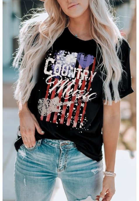 Women's American Flag Print Short Sleeve T-Shirt in Black - Image 6