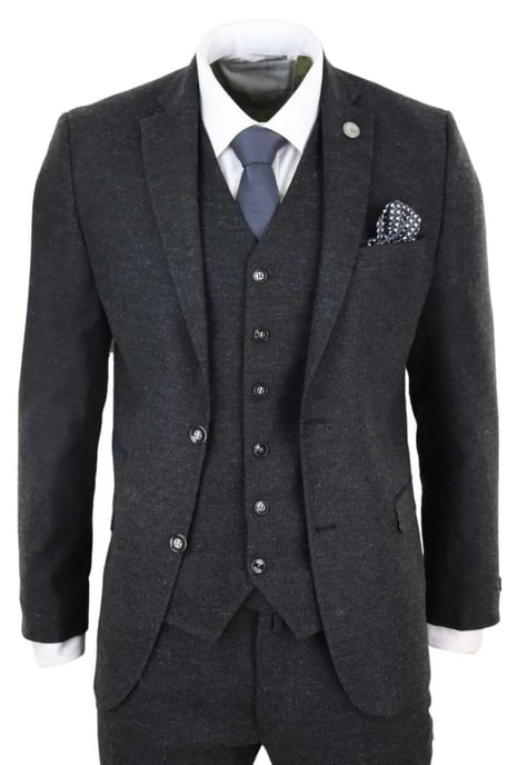 Heren 3-delige Zwarte Wol Tweed Vintage Retro Kostuum - Image 1