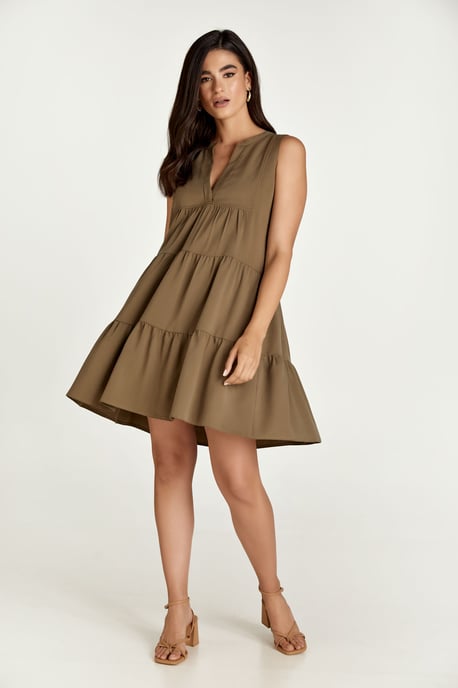 Sleeveless Olive Colour A Line Dress