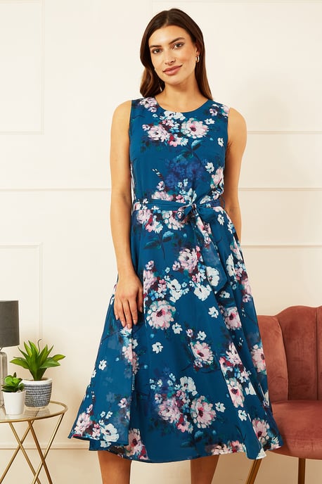Teal Watercolour Floral Skater Dress