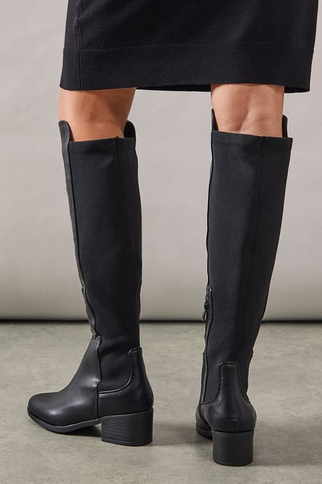 Wide Fit Hannah Elastic Back Low Heel Almond Toe Knee Boots - Image 2