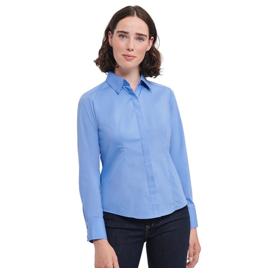 Russell Collection Womens/Ladies Poplin Easy-Care Fitted Long-Sleeved Shirt (Corporate Blue) - Image 2