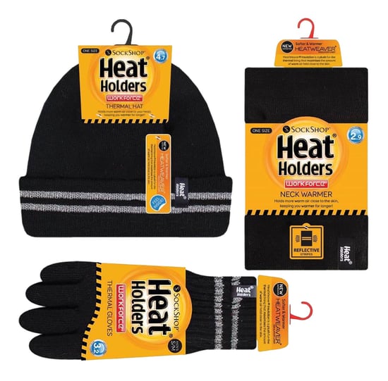 Hi Vis Hat, Neck Warmer & Gloves Set | Heat Holders | Reflective Workwear Set for Extreme Cold Weather - Black - Image 2