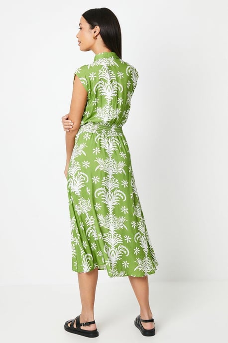 Shirred Waist Abstract Shirt Dress