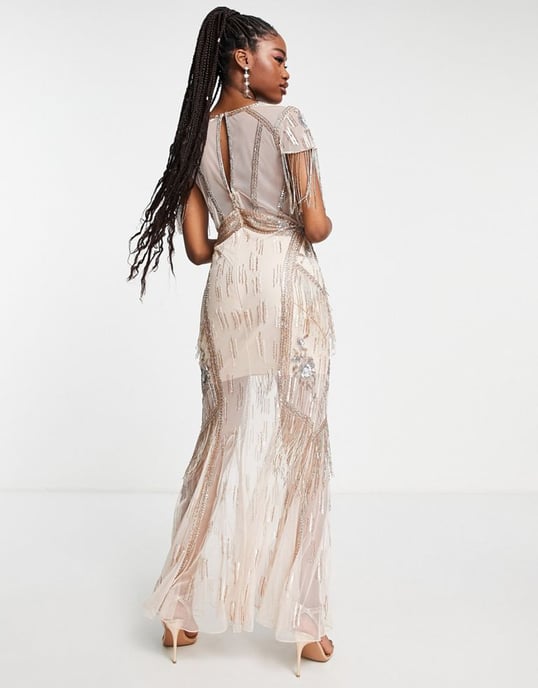 Miss Selfridge Premium plunge neck embellished maxi dress in blush-Pink