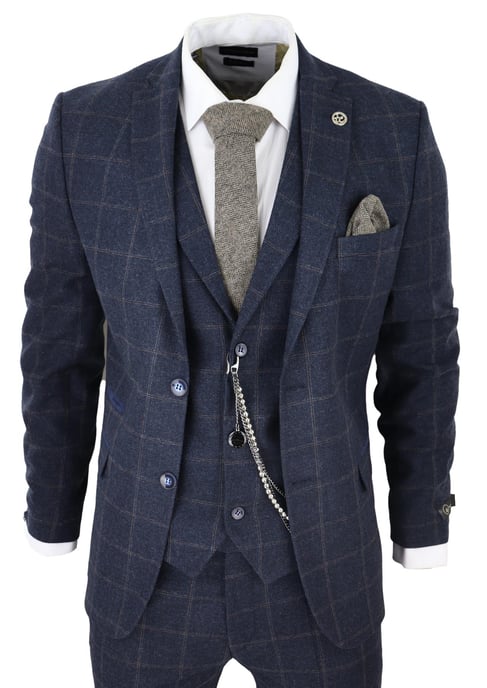 Mens 3 Piece Wool Suit Navy Blue Tweed Check Peaky Blinders 1920 Gatsby Formal - Image 1