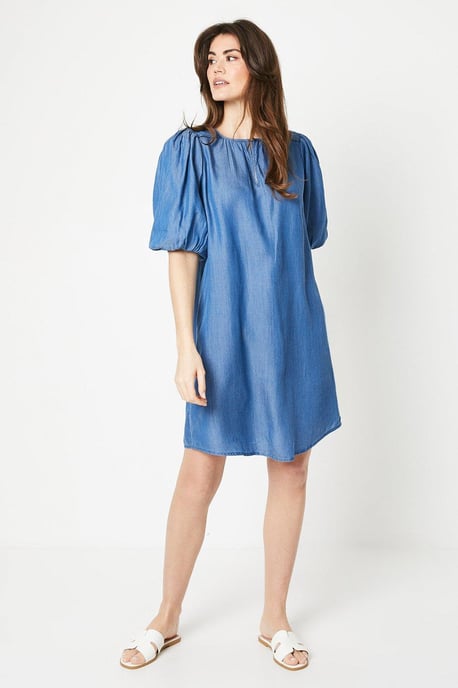 Denim Tencel Puff Sleeve Shift Dress