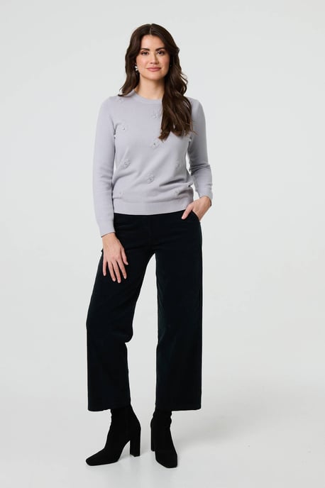 Grey Floral Gemstone Embellished Jumper