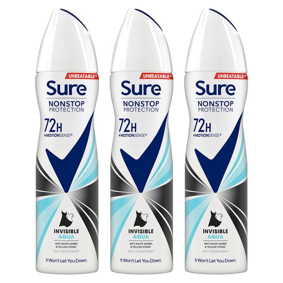 Sure Women Anti-Perspirant 72H Nonstop Protection Deo Invisible Aqua 150ml, 3pk