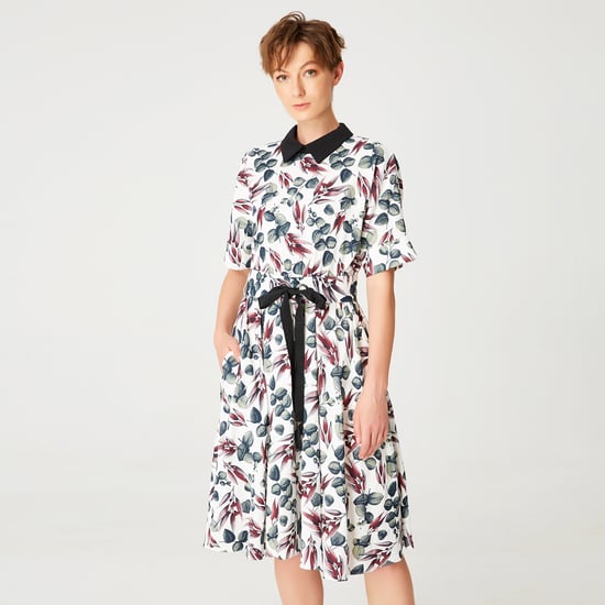 Fit-en-flare bladeren Printjurk met brede riem - Image 3