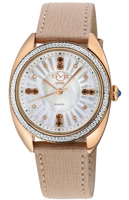 GV2 Women's Palermo Diamond Swiss Quartz MOP Blue Dial, Genuine Tan Handmade Leather Watch