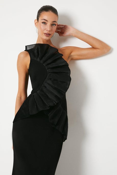 Pleated Front One Shoulder Gown