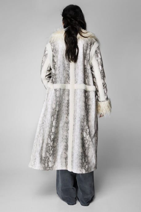 Snake Print Shearling Trim Longline Aviator Coat