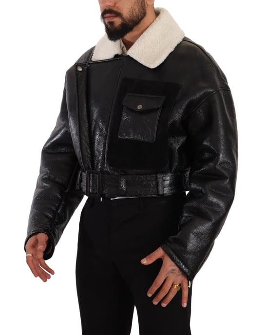 Dolce & Gabbana Men's Black Leather Shearling Biker Coat Jacket - Image 2