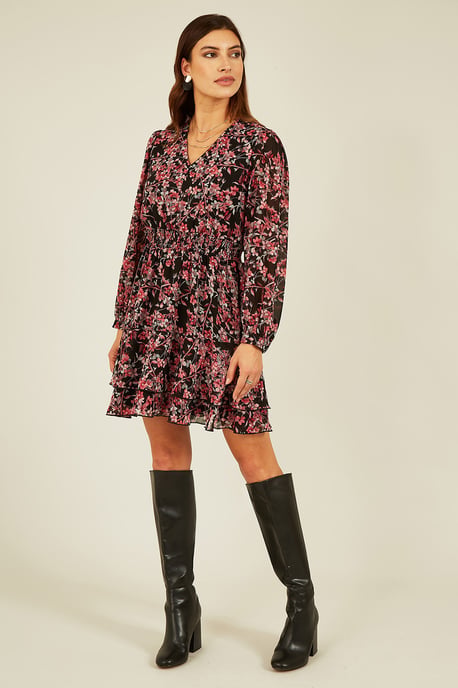 Black Blossom Print Ruched Waist Long Sleeve Skater Dress