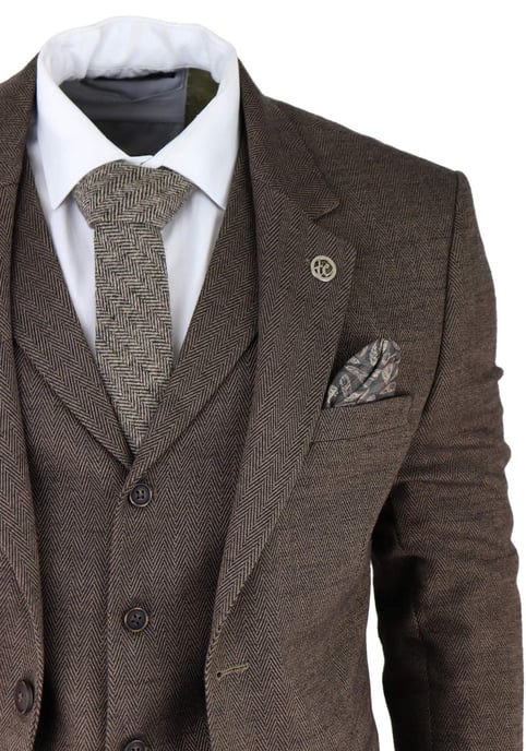 Mens Brown 3 Piece Tweed Herringbone Suit Peaky Blinders Classic Tailored - Image 4