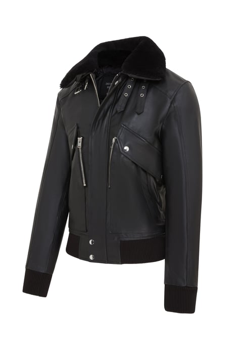 Mens Black Leather Cowhide Aviator Bomber Jacket - Akhiok