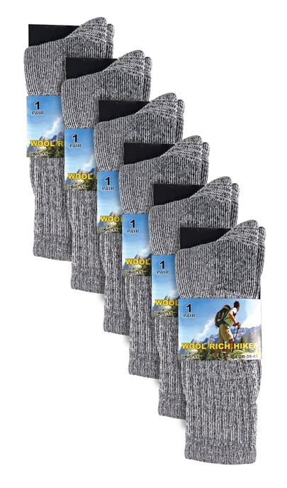 6 Pair Multipack Mens Wool Socks | Breathable Crew Hiking Socks - Black - Image 2