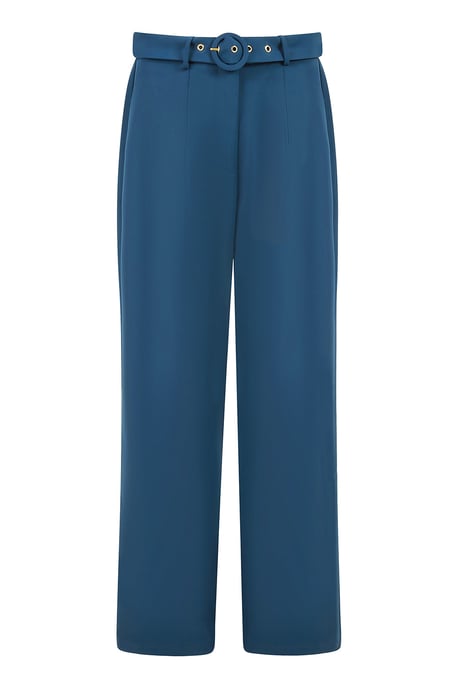 Navy Straight Leg Crepe Trousers With Belt