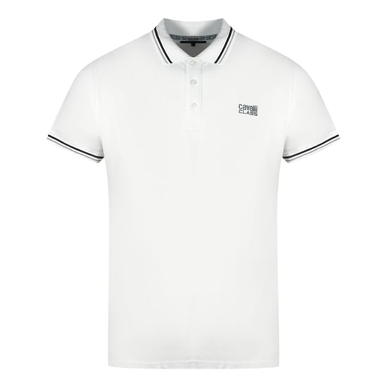 Cavalli Class Twinned Tipped Collar Grey Logo White Polo Shirt - Image 1