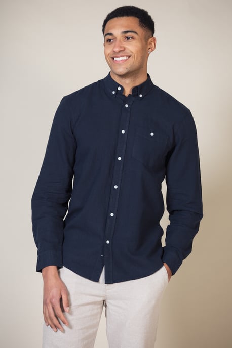 Navy Linen Blend Long Sleeve Button-Up Shirt With Chest Pocket