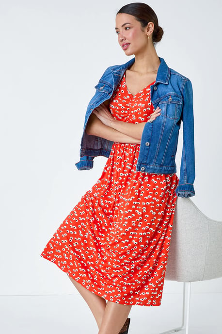 Ditsy Print Ruched Midi Dress