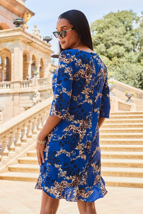 Blue & Gold WOW Print Ruffle Hem Shift Dress