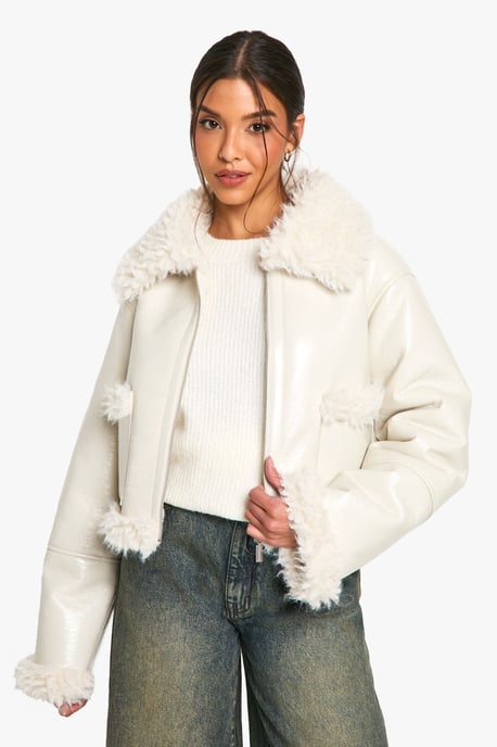 Vinyl Faux Fur Trim Jacket - Image 1