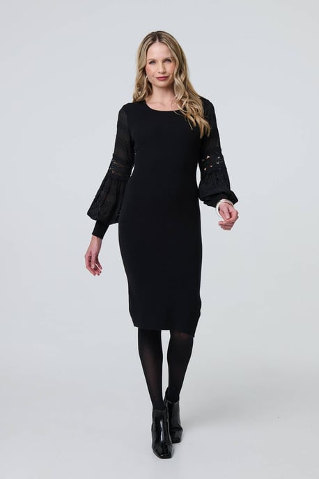 Black Long Sheer Sleeve Bodycon Knit Dress