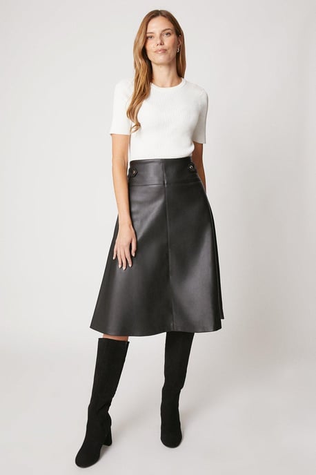 Black Tab Detail Faux Leather A Line Skirt - Image 1